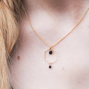 Minimal necklace, black and gold necklace with hexagon shape and black beads, geometric necklace, minimalist necklace, black necklace image 1