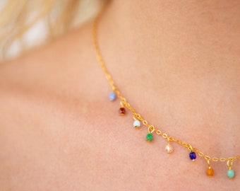 tiny charms necklace with multicolor beads,  delicate and colorful chain necklace