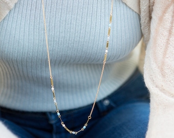 dainty long chain necklace/ pastel blue and gold long necklace/ bar necklace/ contemporary long necklace/ minimalist long necklace