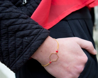 hexagon bracelet, red bracelet with hexagon shape, geometric bracelet, minimalist bracelet, red and gold bracelet