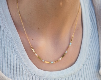 tiny chain necklace, pastel blue and gold necklace, minimalist necklace, small necklace, tiny bar necklace, pastel necklace