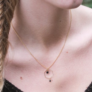 Minimal necklace, black and gold necklace with hexagon shape and black beads, geometric necklace, minimalist necklace, black necklace image 4