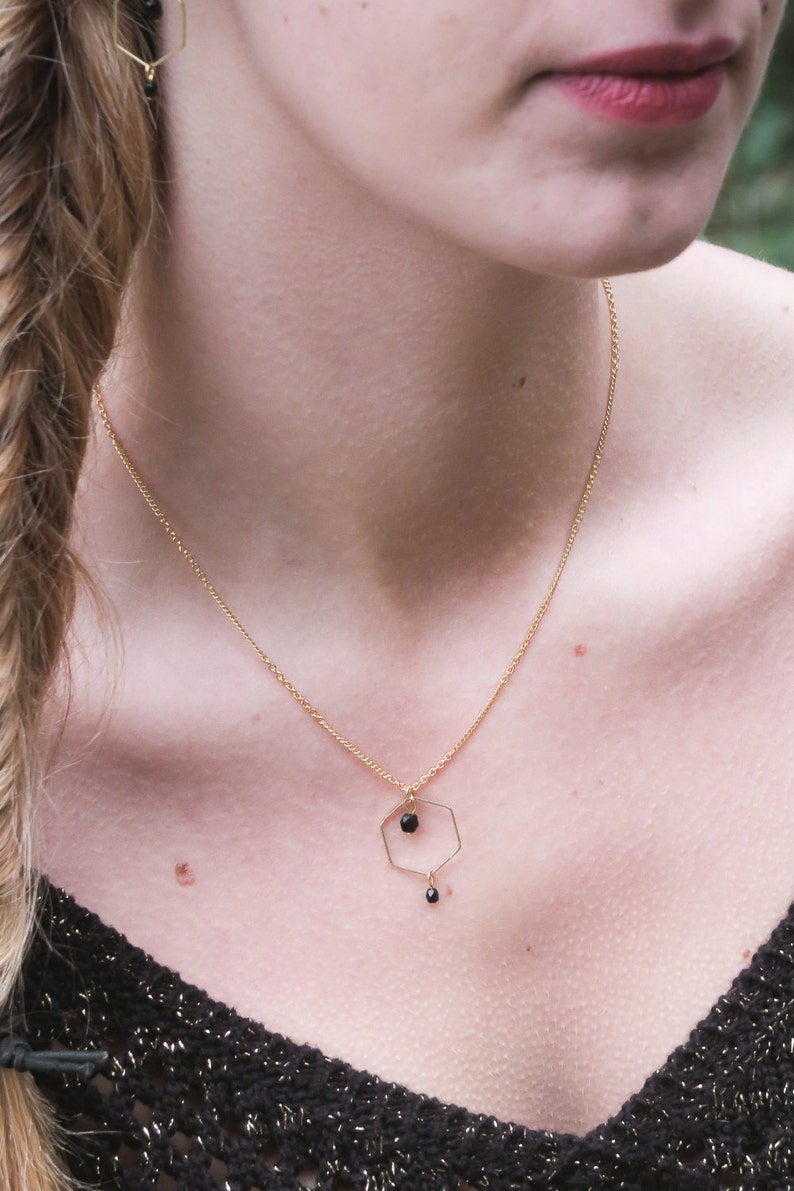 Minimal necklace, black and gold necklace with hexagon shape and black beads, geometric necklace, minimalist necklace, black necklace image 4