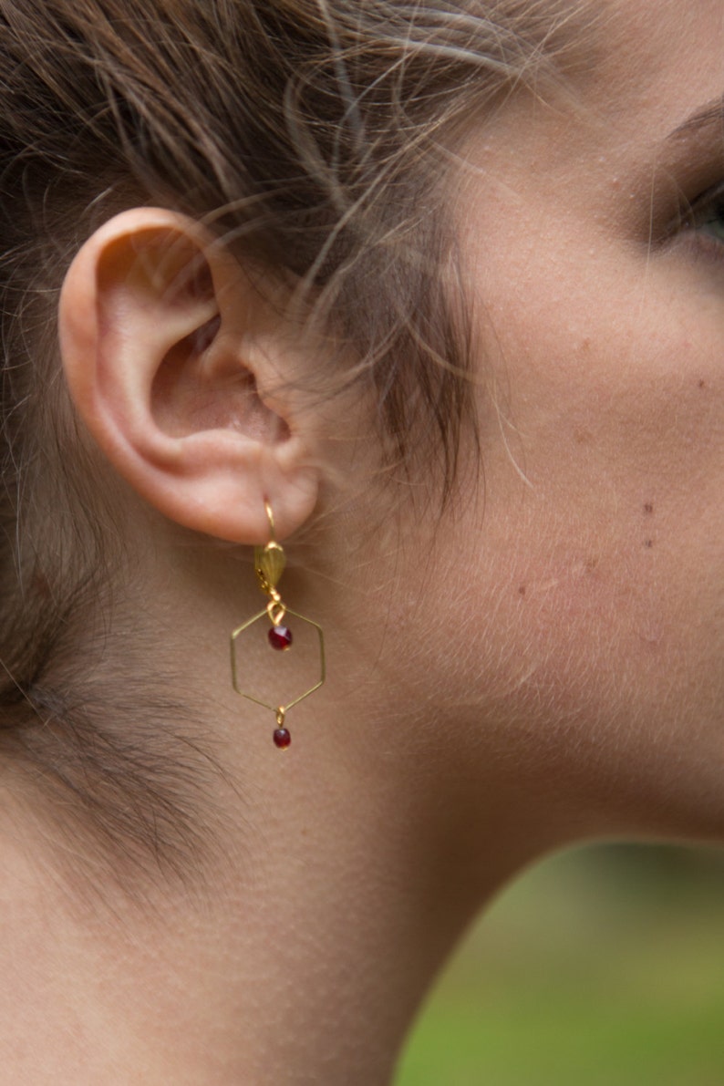 Minimalist hexagon earrings, burgundy dainty earrings with hexagon shape, geometric earrings, delicate burgundy earrings image 2