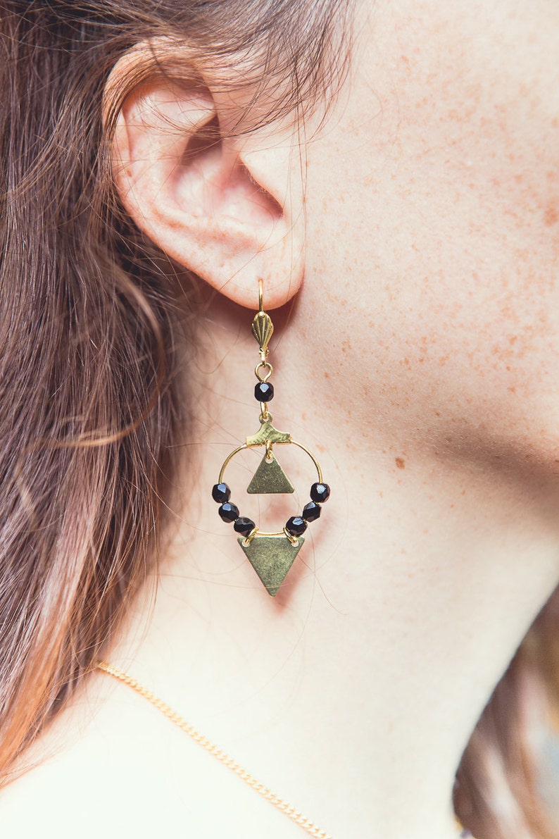 Black and Gold Geometric Hoop Earrings With Brass Triangles. Etsy