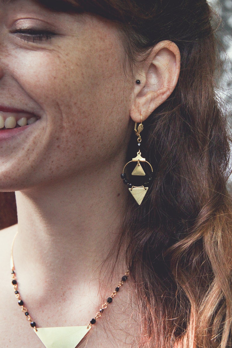 Black and Gold Geometric Hoop Earrings With Brass Triangles. Etsy