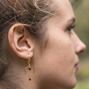 Minimalist hexagon earrings, burgundy dainty earrings with hexagon shape, geometric earrings, delicate burgundy earrings image 4