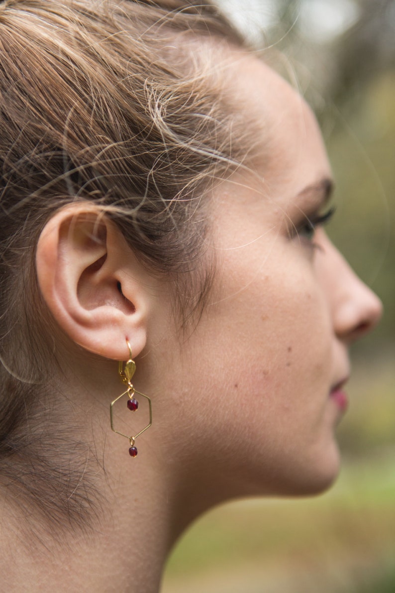 Minimalist hexagon earrings, burgundy dainty earrings with hexagon shape, geometric earrings, delicate burgundy earrings image 4