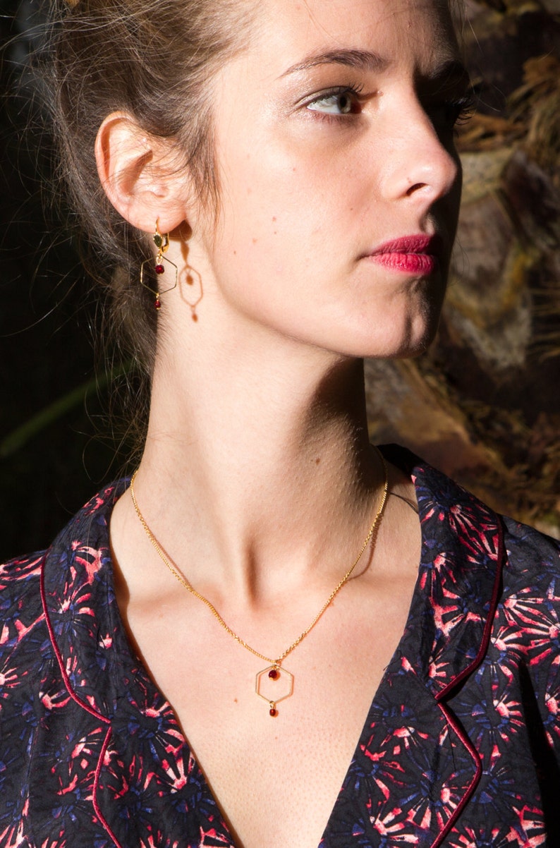 Minimalist hexagon earrings, burgundy dainty earrings with hexagon shape, geometric earrings, delicate burgundy earrings image 5