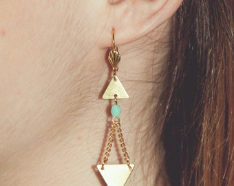 mint geometric earrings, triangle earrings gold and mint, arrows earrings, geometric jewelry,  gold dangle earrings