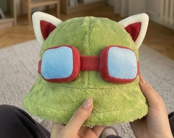 Teemo Inspired Plush Bucket Hat | Handmade Green Fuzzy Scout Cosplay Beanie with Goggles Gift