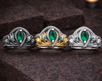 Oxidized Ring of Barahir Sterling Silver, Elessar Elfstone, Serpent Ring, Mens Emerald Ring, Winter Engagement Ring, Movie Lovers Gifts