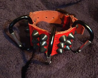 red studded cuff bondage bracelet with carabiner clamps (clearance)