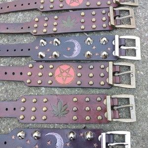 moon, pentacle, or pot leaf leather cuff