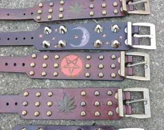 moon, pentacle, or pot leaf leather cuff