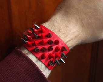 adjustable red leather cuff with 5 rows of spikes (clearance)