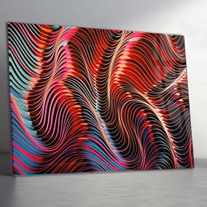 Peut inclure: Impression d'art abstrait avec un motif dynamique en forme de vagues. L'œuvre présente un mélange vibrant de couleurs, notamment le rouge, le rose, le bleu et le noir, créant une esthétique visuellement frappante et moderne. Le design est composé de lignes courbes superposées.