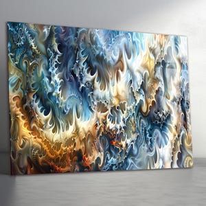 May include: Abstract art print featuring a swirling design in shades of blue, brown, and white. The artwork has a textured appearance with organic, flame-like shapes. The overall effect is dynamic and visually engaging, suitable for modern decor.