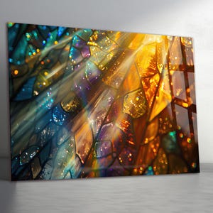 May include: Abstract art print featuring a stained glass design with vibrant colors. The artwork showcases a mosaic of geometric shapes in shades of blue, gold, and purple, with light rays shining through, creating a luminous effect.
