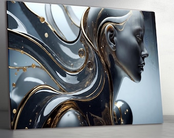 Tempered Glass Wall Art - Extra Large Wall Art - Abstract Goddess Portrait - Modern Liquid Gold Female Decor - Unique Luxury Wall Art Gift