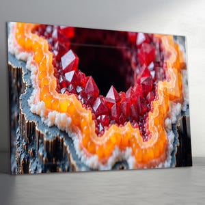 Puede incluir: Primer plano de una geoda con un centro oscuro, rodeada de capas de cristales naranjas, blancos y rojos. La geoda se encuentra sobre un fondo oscuro y texturizado, creando un contraste llamativo.