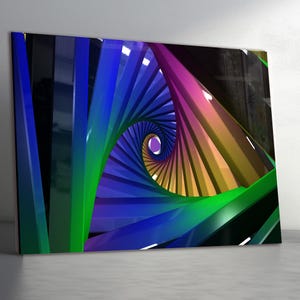 May include: A vibrant, abstract art piece featuring a spiraling, three-dimensional design. The artwork showcases a spectrum of colors, including blue, green, yellow, and pink, creating a visually dynamic and engaging composition. The piece is mounted on a wall.