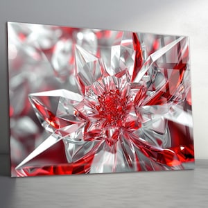 May include: A close-up of a canvas print featuring a stylized, abstract flower. The artwork showcases a vibrant red and clear crystal-like design, with sharp angles and facets. The background is blurred, emphasizing the central floral form.