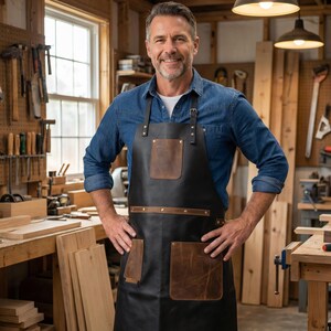 Könnte beinhalten: Eine schwarze Lederschürze mit braunen Ledertaschen und Akzenten. Die Schürze hat verstellbare Träger und wird in einer Werkstatt getragen. Die Werkstatt hat Werkzeuge und Holz. Die Schürze ist für die Holzbearbeitung oder das Handwerk konzipiert.
