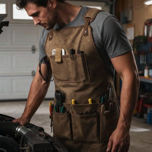 Puede incluir: Delantal de trabajo de lona marrón con múltiples bolsillos, correas de cuero y varias herramientas. El delantal lo lleva una persona que trabaja en el motor de un coche en un garaje. Diseñado para mecánicos y artesanos.