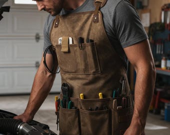 Delantal de taller de lona con bolsillos, delantal de carpintero de lona, delantal de herramientas de lona, delantal de manualidades de lona, delantal de mecánico, delantal de lona resistente