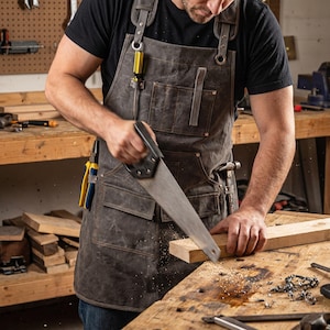 May include: A craftsman wearing a dark grey apron with multiple pockets and leather straps is sawing a piece of wood on a wooden workbench. The apron has a tool holder with a yellow and black screwdriver. Sawdust is visible.