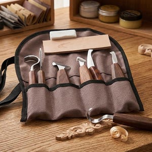 Houtsnijmessenset, 6-delig premium zaaggereedschap, Samengestelde canvasrol, houtbewerkingsmessen, Hook & Detail-messen, houtsnijgereedschapset