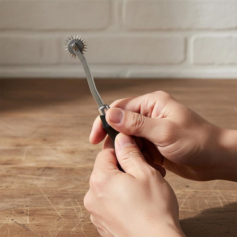 May include: A silver and black dressmaker's tracing wheel with a spiked wheel at the top. The handle is black and the wheel is held in place by a curved metal arm. The tool is designed for transferring pattern markings onto fabric.