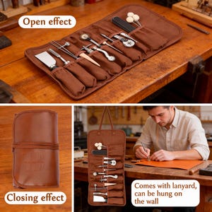 May include: A brown leather tool roll with various metal tools, including a burnisher, awl, and modeling tools. The roll is open, displaying the tools, and closed, showing a strap closure. Text on the image reads "Open effect", "Closing effect", and "Comes with lanyard, can be hung on the wall."