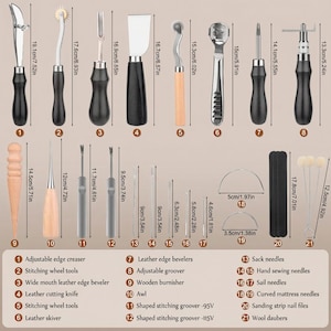 May include: A collection of leather crafting tools, including edge creasers, stitching wheels, knives, and groovers. The tools are arranged on a white surface, with measurements in inches.