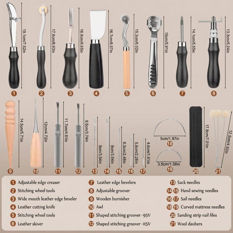 May include: A collection of leather crafting tools, including edge creasers, stitching wheels, knives, and groovers. The tools are arranged on a white surface, with measurements in inches.