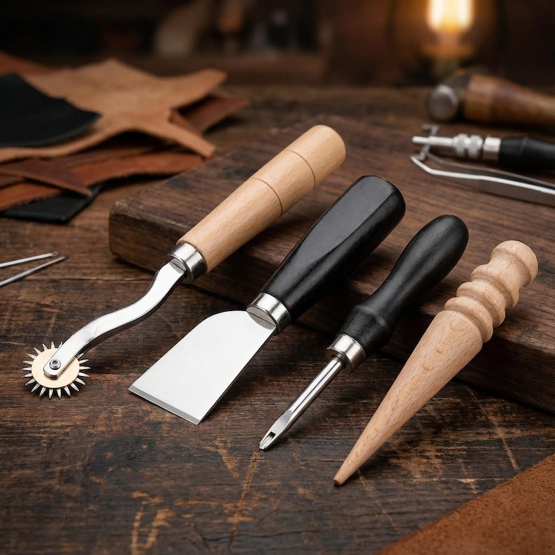 May include: A collection of leatherworking tools, including a stitching wheel, a blade, a punch, and a wooden burnisher. The tools have wooden and black handles with silver metal accents, arranged on a wooden surface.