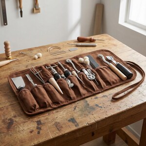 May include: A brown canvas tool roll with various metal and wooden craft tools. The tools include a spatula, awls, and rotary cutters. The roll is open on a wooden table, with additional tools scattered around.