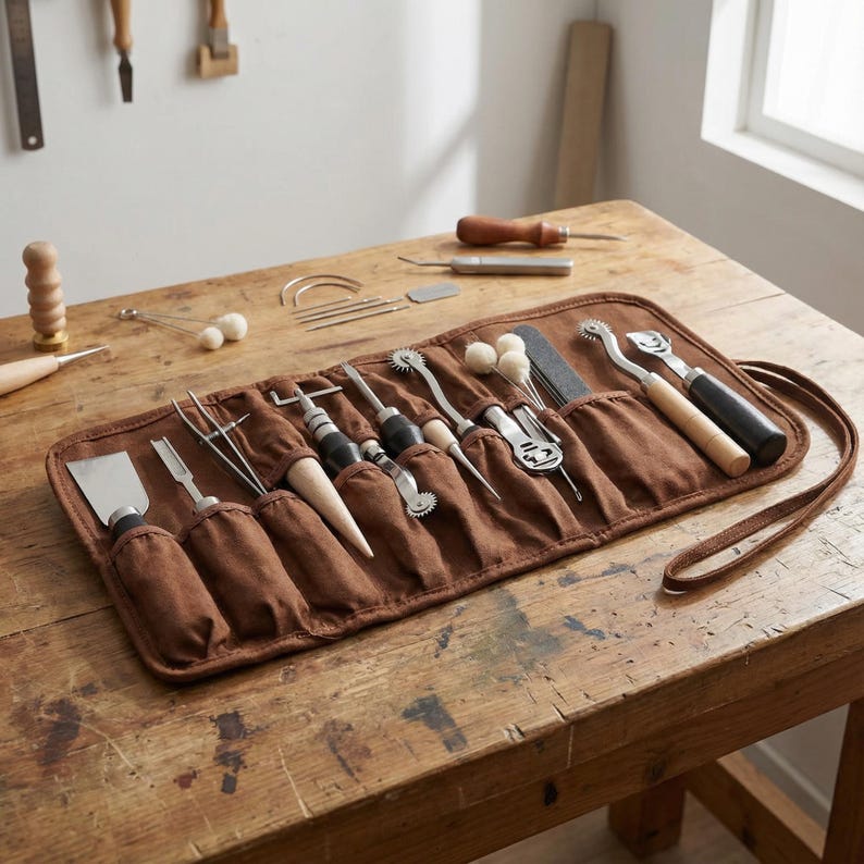 May include: A brown canvas tool roll with various metal and wooden craft tools. The tools include a spatula, awls, and rotary cutters. The roll is open on a wooden table, with additional tools scattered around.