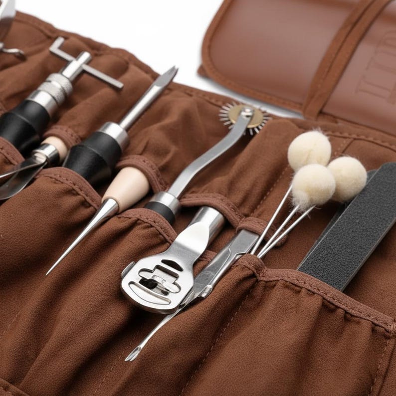 May include: A brown leather tool roll filled with various leatherworking tools. The tools include a stitching groover, a scratch awl, a tracing wheel, a burnisher, and a nail file. The tools are made of metal and wood.