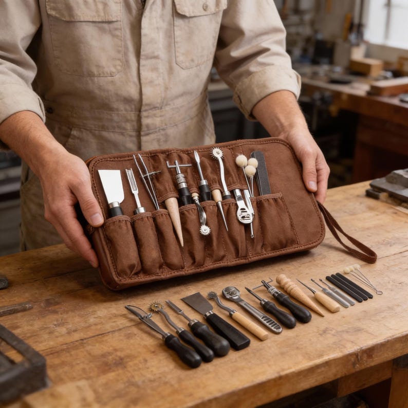 May include: A brown leather tool roll filled with various metal and wooden tools, including a spatula, tweezers, and awls. Additional tools are laid out on a wooden surface. The tools are likely for leatherworking or a similar craft.