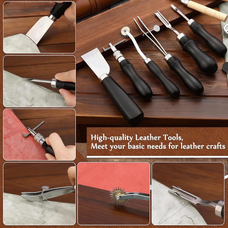 May include: A collection of leatherworking tools, including a skiving knife, edge beveler, and stitching groover, with black handles and silver blades. The image also includes a text that says "High-quality Leather Tools, Meet your basic needs for leather crafts."