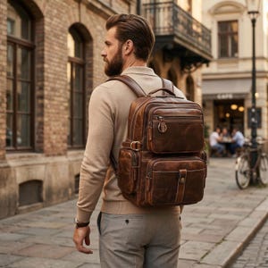 May include: A brown leather backpack with multiple compartments and zips. The backpack has a top handle and adjustable shoulder straps. The leather has a distressed appearance. The backpack is being worn by a person.
