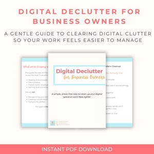 Peut inclure: Un guide numérique intitulé "Digital Declutter for Business Owners" avec un schéma de couleurs bleu clair et rose. Le guide promet une façon simple et sans stress de nettoyer votre espace numérique. Le texte "Instant PDF Download" est en bas.