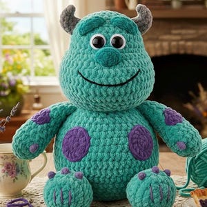 Handgjord Chunky Teal Monster Plush - Mjuk Virkad Amigurumi Leksak - Prickig Gentle Giant Gosedjur - Barnkammardekor Gåva - Blå & Lila P