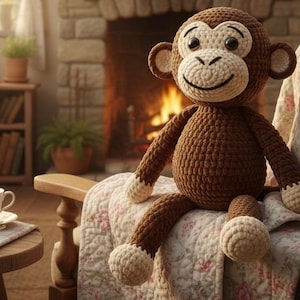 Può includere: Una bambola a forma di scimmia all'uncinetto marrone fatta a mano con viso, mani e piedi color crema, seduta su una coperta a fantasia floreale. La scimmia ha un volto sorridente ed è posizionata su una sedia di legno. Lo sfondo include un camino e un interno accogliente.