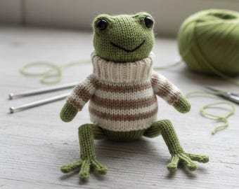 Modèle de tricot grenouille, jouet grenouille tricoté à la main avec pull, modèle esthétique peluche grenouille, peluche bricolage, modèle PDF anglais