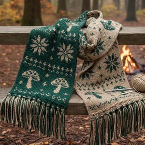 以下が含まれることがあります： キノコと雪の結晶模様のニットスカーフ2枚。1つはフォレストグリーンにクリーム色のアクセント、もう1つはベージュにグリーンのアクセント。どちらもフリンジ付きで、木製のベンチに掛けられています。毛糸玉と編み針も写っています。