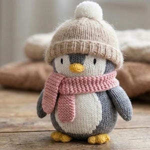 Puede incluir: Muñeco de pingüino tejido con gorro beige con pompón blanco, bufanda rosa y pies amarillos. El pingüino tiene vientre blanco, alas grises y pico amarillo. El muñeco está sobre una superficie de madera.