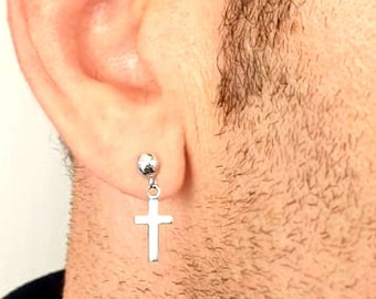 Cross Stud Dangle Earring for Men, Mens Cross Earring Sterling Silver Hanging Stud Cross, Mens Earring, Mens Dangle Earring, Mens Jewelry